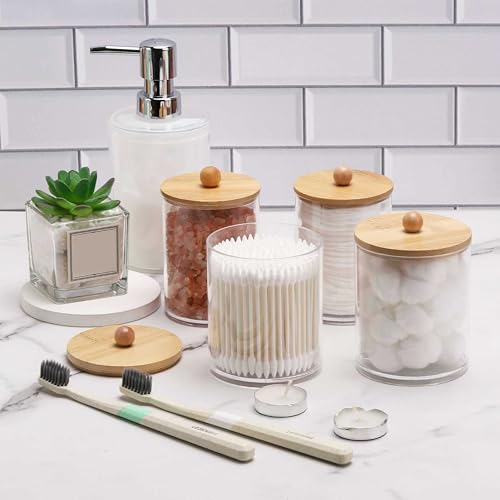 La mejor comparación de Recipiente transparente , listamos los 10 mejores. 47 4pcs Organizador de Baño con Tapa de Bambú, Recipiente Transparente de 10oz para Hisopos de Algodón, Bolas de Maquillaje, Hilo Dental y Sales de Baño, etc., Adecuado para...