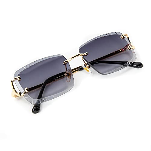 Rimless Gem Cut Unisex Square Luxury Retro 90's Hip Hop Diamond Cut lens Purple Smoke Tint Lens Gold Wire Frame Sun Glasses Frameless Rectangle Summer Shades Sunglasses For Men And Women2