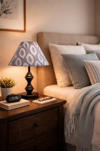 Image of tu casa Modern Table Lamp with Crimson Floral Satin Shade | Metal Iron Base Decorative lamp for Living Room| Designer Table Lamp for Gifting (Indigo ikkat Glow)