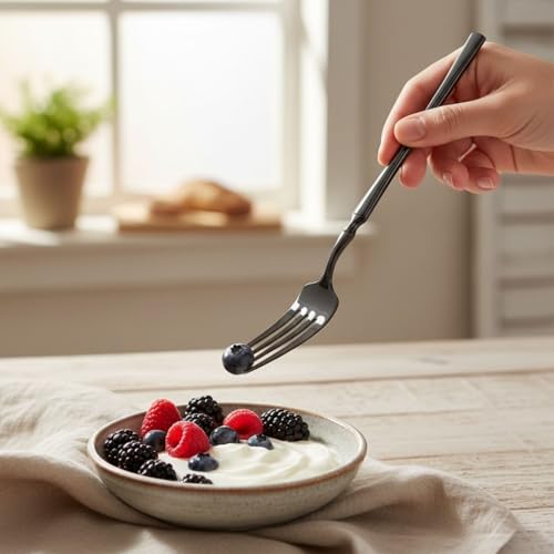 Image of 15 Pcs Black Cutlery Set for Dining Table the Perfect Lightweight Silim Handle Tableware Including Dinner Spoon, Dinner Fork, Dinner Knife, Dessert Spoon & Dessert Fork