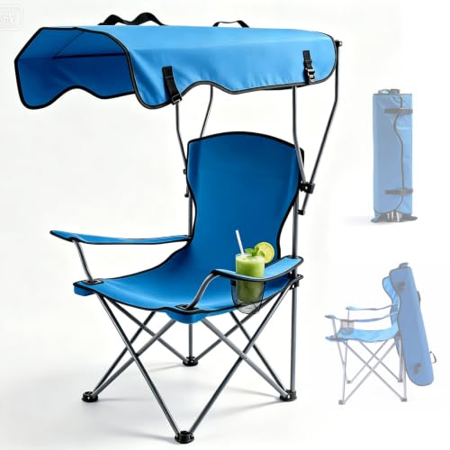 Silla Plegable de Camping Portátil con Dosel, Tela Oxford 600D, Resistente para Exterior, con Sombra Solar, Porta Vasos y Bolsillo de Almacenamiento, para Camping, Playa, Pesca, Picnic y Eventos Deportivos