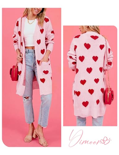 Yimoon Women Valentines Cardigan Sweater Love Heart Open Front Long Cardigan Oversized Chunky Knit Sweaters2