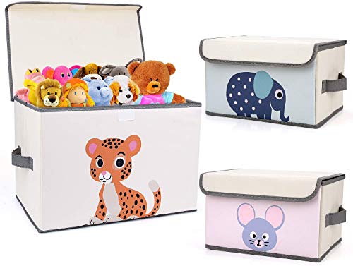 DIMJ Juego de 3 Cajas de Almacenaje Juguetes Plegable, Caja Organizadora de Juguetes con Tapa y Asa, Caja de Tela para Niños (Gris)