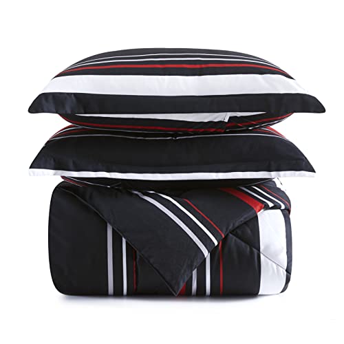 Artall Stripe Comforter Set Full/Queen Size, 3 Piece Red And Black Striped Print Reversible Comforter Set, All Season Soft Microfiber Bedding Set With 2 Pillow Shams #TOP6