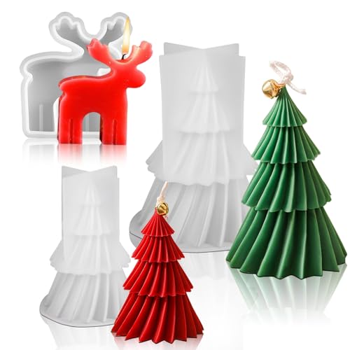 2 Pezzi 3D Forma di Albero di Natale Stampo + 1 Pezzi Stampo in Silicone Natale Renna, Stampi per candele di Natale, Stampi in Silicone per Candele, per Realizzare Candele Profumate e Sapone (B)