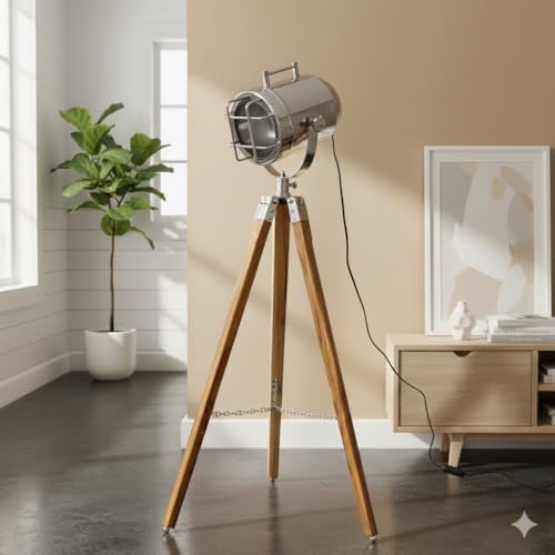 Image of Industrial Tripod Floor Lamp with Chrome Spotlight Head | Adjustable Wooden Studio Light for Home Decor - 37 Inch Height (Win Nickle)