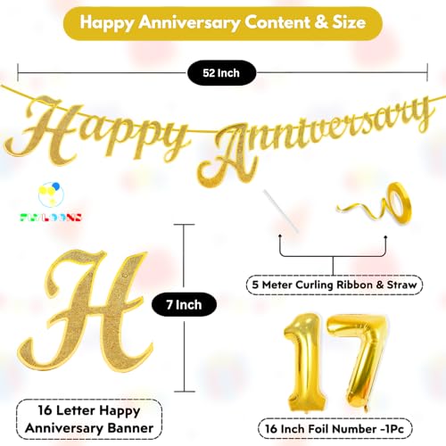 Image of Flyloons 17th Happy Anniversary Banner Gold Decorations Kit for Men Women Wedding Anniversary Banner Items without Balloons