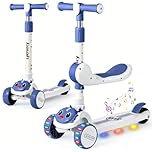Lyefancy 3 Wheel Scooter for Kids Age 2-8, Kids 2 in 1 Scooter with Detachable Seat, Childrens Folding Scooter with Music and Light up Wheels, Adjustable Height, Lean to Steer(Blue+White)