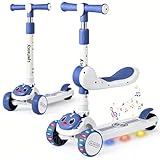 Lyefancy 3 Wheel Scooter for Kids Age 2-8, Kids 2 in 1 Scooter with Detachable Seat, Childrens Folding Scooter with Music and Light up Wheels, Adjustable Height, Lean to Steer(Blue+White)
