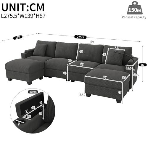 Canapé d’angle modulable velours côtelé USB-C Yihomfy