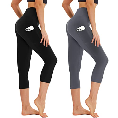AMIYOYO Capri Leggings Damen mit Taschen 3/4 Sport Leggins High Waist Sporthose Blickdicht Elastisch 7/8 Yoga Hose Fitness Laufen für Outdoor 2er Pack(Schwarz+Dunkelgrau,L-XL=DE42-48)