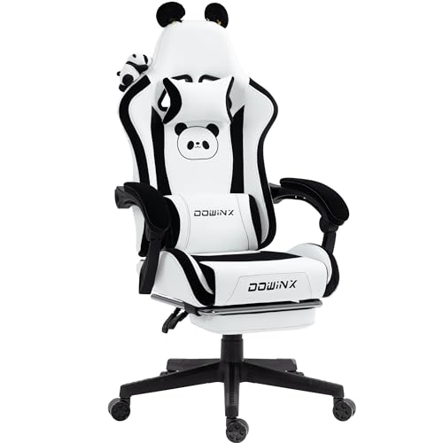 Dowinx Gaming Chair Cute with Panda Ears and Massage Lumbar Support, Ergonomic Computer Chair for Girl with Footrest and Headrest, Comfortable Reclining Game Chair 290lbs for Adult, Teen, Panda