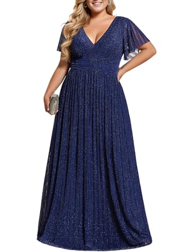 Ever-Pretty Women's Plus Size Glitter A-Line Formal Dresses V-Neck Short Sleeve Evening Gown Long Mother of Bride Dress Navy Blue US14
