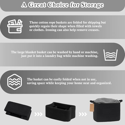 Image of Goodpick Woven Rope Storage Basket for Shelves, Rectangle, Black | 13 inch x 10 inch x 9 inch Stylish Gift Basket for Home Decor, Cotton Rope Baskets for Toys, Towels & Books Storage, Reinforced Handles