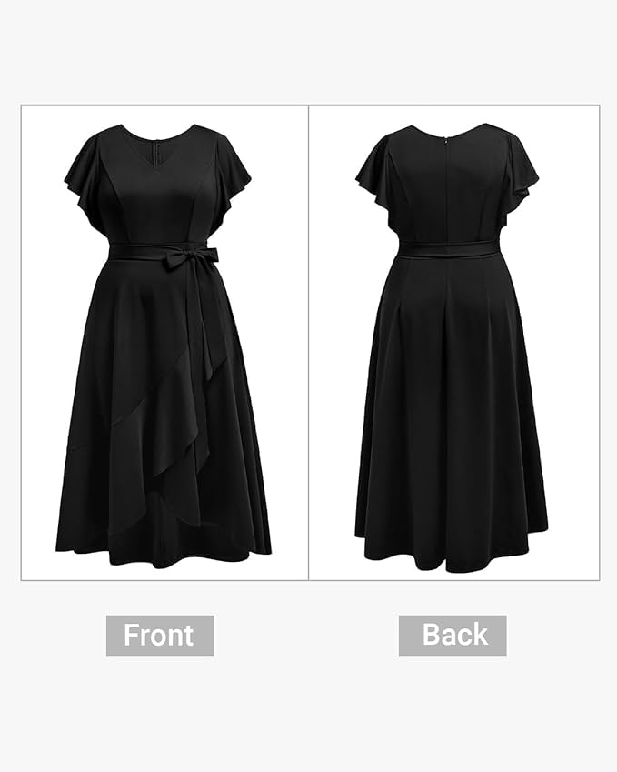 Image of Women Plus Size Wedding Guest Dress - Formal Cocktail Split Ruffle V Neck High Low Party Long Maxi Dresses