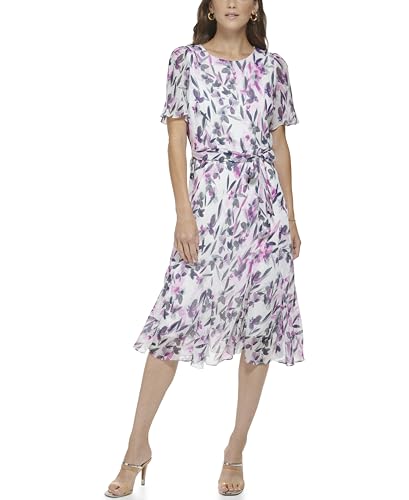 Image of DKNY Women's Flutter Sleeve Round Neck Waist Tie Midi Dress