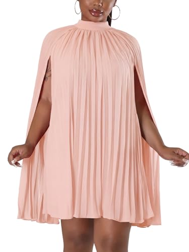 Image of Women's Casual Cape Sleeve Pleated Split Short Dress Loose Fit Cocktail Party Flowy Dress