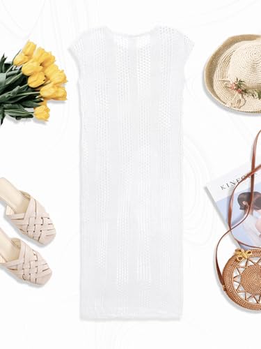 Womens Slim Fit Crochet Knit Swimsuit Coverup Midi Dress Summer 2025 Cap Sleeve Slit Beach Bathing Suit Cover Up4