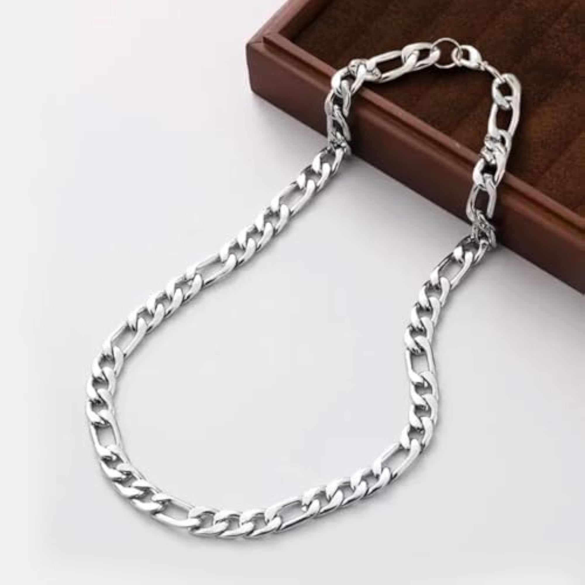 Silver Plated Fancy Figaro Link Chain for Men and Women