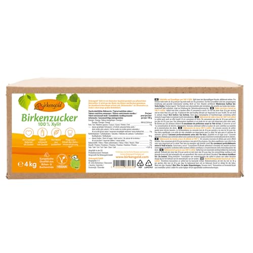 Birkengold Xylitol 4 kg | alta calidad de Europa | xilitol de abedul y corteza de haya | vegano | 40% menos calorías | cuida los dientes