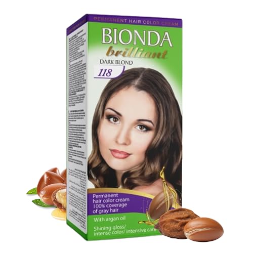 BIONDA Brillant Coloration permanente 100 ml – huile d’argan | teinture cheveux longue durée, 100% couverture des cheveux blancs | crème colorante | brillance & soin (118 Blond foncé)