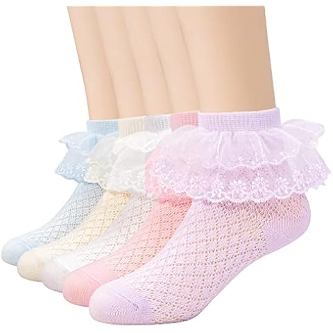 Looching 5 Pairs Toddler Baby Girls Ruffle Lace Trim Socks Eyelet Mesh Cotton Frilly Ankle Soft Dress Socks Kids Princess Socks 2-13T Cover