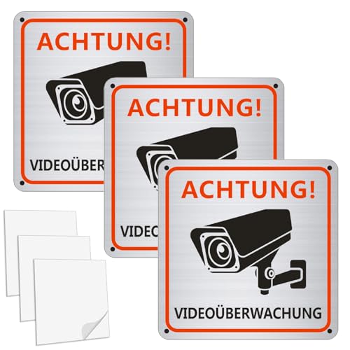 Zamety Videoüberwachung Aufkleber 15x15 Cm – 3 Stück, Aluminium, Selbstklebend & Mit Bohrungen