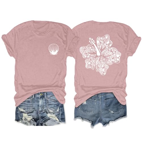 Image of Hawaiian T Shirts for Women Oversized Aesthetic Hibiscus Flower Beach Shirt Teens Preppy Tropical Graphic Tee Tops