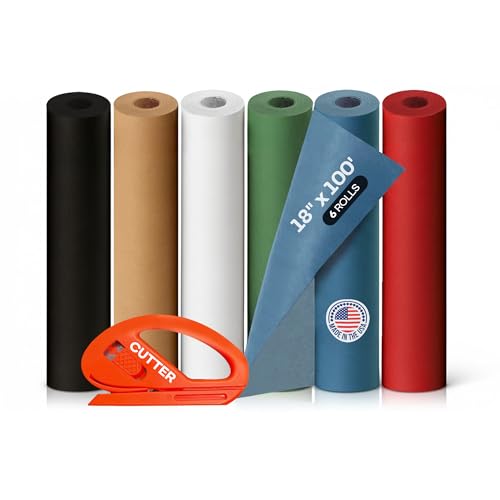 Image of Assorted Colors Kraft Paper with Cutter, Set of 6 Rolls 18 inch x 1200 inch(100 ft) | USA-Made Natural Multi-Color Paper for Gift Wrapping, Kids' Arts & Crafts, School & DIY Projects by IDL Packaging