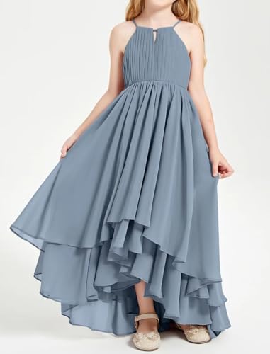 Junior Bridesmaid Dresses for Teen Girls High Low Tiered Ruffle Flower Girl Dress Halter Ruched Wedding Party Dress3