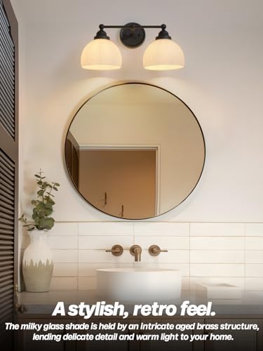 Image of 2-Lights Milk White Glass Wall Sconce Lighting Brass Finished, Double Arm Bathroom Vanity Light Fixture for Bedroom Living Room Dining Room Hallway