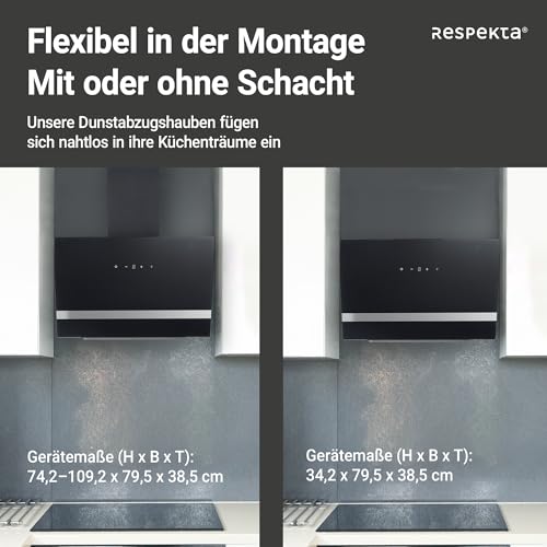 Respekta Dunstabzugshaube / Schräghaube 80 cm / Metallgehäuse mit Glasschirm in Schwarz / Abluft - und Umluftfunktion / CH24080SM / A / 65 – 70 dB