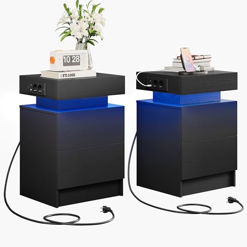 IRONCK Nachttisch 2er Set mit LED-Lichtern & 2 AC-Steckdose, Beistelltisch mit USB+Typ-C Anschlussen, Nachtschrank mit 2 Schubladen, Sofatisch für Schlafzimmer, Wohnzimmer, Schwarz IRONCK Nachttisch 2er Set mit LED-Lichtern & 2 AC-Steckdose, Beistelltisch mit USB+Typ-C Anschlussen, Nachtschrank mit 2 Schubladen, Sofatisch für Schlafzimmer, Wohnzimmer, Schwarz