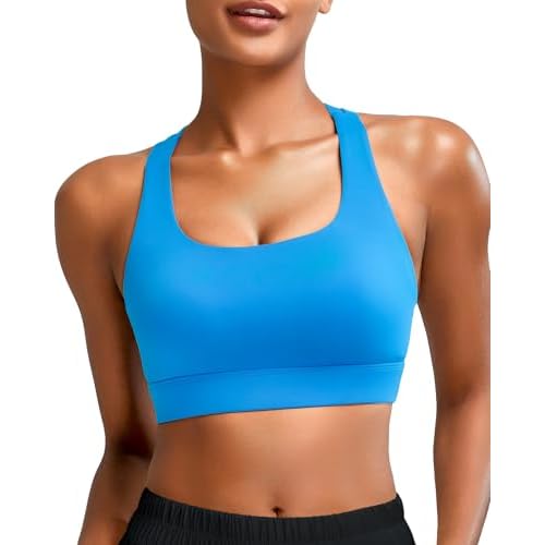 RUNNING GIRL High Impact Sports Bras for Women - Scoop Neck Strappy Sports Bra High Support Moulded Cup Workout Bra A-bright Blue 3X-Large