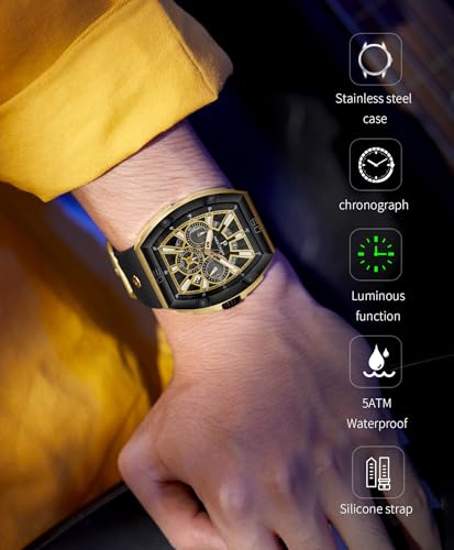 PC PARAS CROWN Mens Watches Analog Quartz Luxury 50M Waterproof Tonneau Watches for Men Japanese Movement Stainless Steel Case Luminous Sport Watch - Image 5