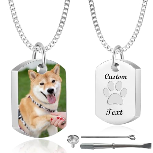 Cupike Personalized Pet Urn Necklace for Dog Ashes Custom Engraving Photo Text Pet Cremation Jewelry Customize Memorial Gift for Pet Dog Cat Ashes Necklace(04-Silver)