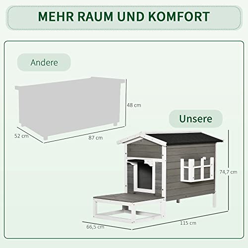 Katzenhaus Outdoor PawHut aus Holz mit Balkon und Terrasse
