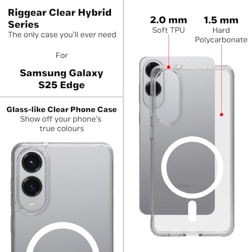 Image of RIGGEAR Shockproof Clear Hybrid Armor Magnetic Back Cover Case Compatible with MagSafe Accessories for Samsung Galaxy S25 Edge (Transparent PC and TPU Bumper)