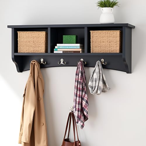 Image of Shaker Cottage Wall-Mounted Coat Rack with 3 Storage Cubbies and 4 Coat Hooks - 36 inch W x 9 inch D x 14 inch H Space-Saving Entryway Organizer or Mudroom Wall Shelf by Alaterre Furniture (Charcoal Gray)