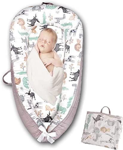 Image of SILENT YOUTH Baby Nest Baby Lounger Cover for Newborn Co-Sleeping for Baby 0-12M,Newborn Lounger Cover Soft Breathable Cotton Adjustable Newborn Bassinet Mattress Portable Infant Floor Seat (Animals)