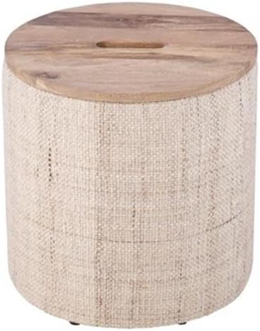 Carolina Chair & Table Handwoven Storage Ottoman with Rounded Wooden Top Lid - Solid Wood Frame, Hidden Storage Compartment, Compact Round Foot Stool for Bedroom, Apartments, Condos (Light Beige)