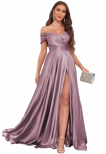 Image of SOLODISH Off The Shoulder Satin Prom Dresses for Women Long Formal Evening Party Dress with Slit