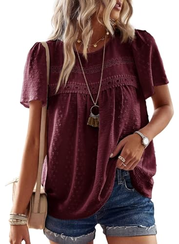 TUUHAW Femme Chemisier Été Léger Oversize Boho Blouse Manches Courtes Col Rond Grande Taille Tunique Dentelle T-Shirt Confortable Fluide Tops Chemise Chic...