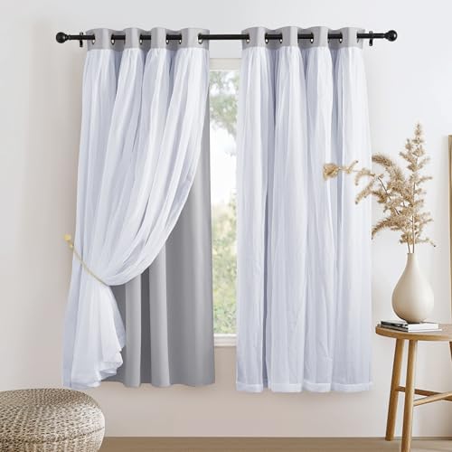 Image of PONY DANCE Blackout Curtains Sheer Overlay, 52x63, Silver Grey, 2 Pieces | Decorative Window Drapes with Grommet Mix & Match for Bedroom