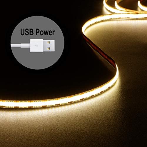 dephen 5V LED Strip 4.9ft-480LEDs USB LED Strip Lights 3000K 1200lm Warm White LED Strip Lights CRI85+, Flexible COB USB Light for TV Backlight, Bedroom, Cabinet, Kitchen, DIY Lighting