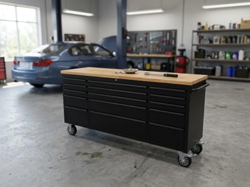 Ondis24 Werkstattwagen Werkzeugwagen pulverbeschichteter Stahl schwarz unbestückt Leichtlaufschubladen XL Massivholzarbeitsplatte Lenkrollen