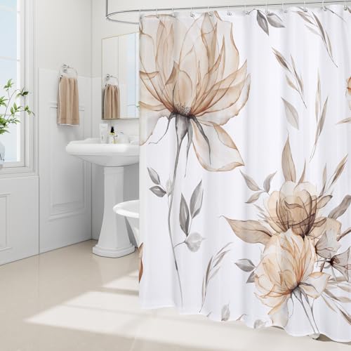 Litabel Long Boho Watercolor Floral Shower Curtain 72 x 78, Light Brown and Grey Ink Painting Style Flower Shower Curtains for Chic Elegant Bathroom, Artistic Tan 78 Inch Long Fabric Shower Curtain by Litabel - Image 2
