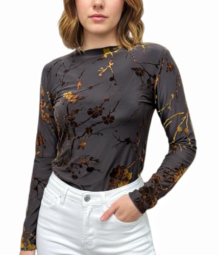 Vlerkeq Womens Burnout Velvet Floral Mock Neck Long Sleeve Blouse Top