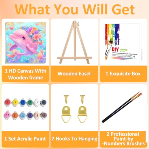 Mandun Paint by Numbers Kit for Kids with Frame, Dolphin Paint by Numbers for Kids Ages 4-8-12, DIY Cow Acrylic Oil Painting for Home Wall Art Decor Gift 7.8x7.15 inch (with Frame Easel) - Image 4