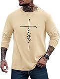 VOGSTART Man Faith Printed T Shirt Muscle Sport Sweatshirt Patterned Print Graphic Crewneck Long Sleeve Comfort Tee Shirt Beige M